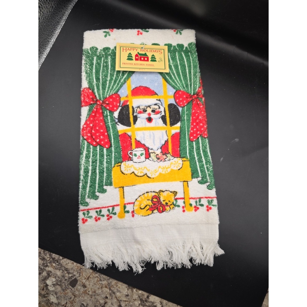 Vintage Christmas Santa Claus Cat Dish Towel 1989 New